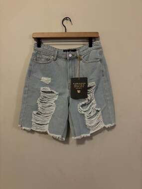Indigo Rein Super High Rise Distressed Recycled Denim Bermuda Shorts Size 7/27
